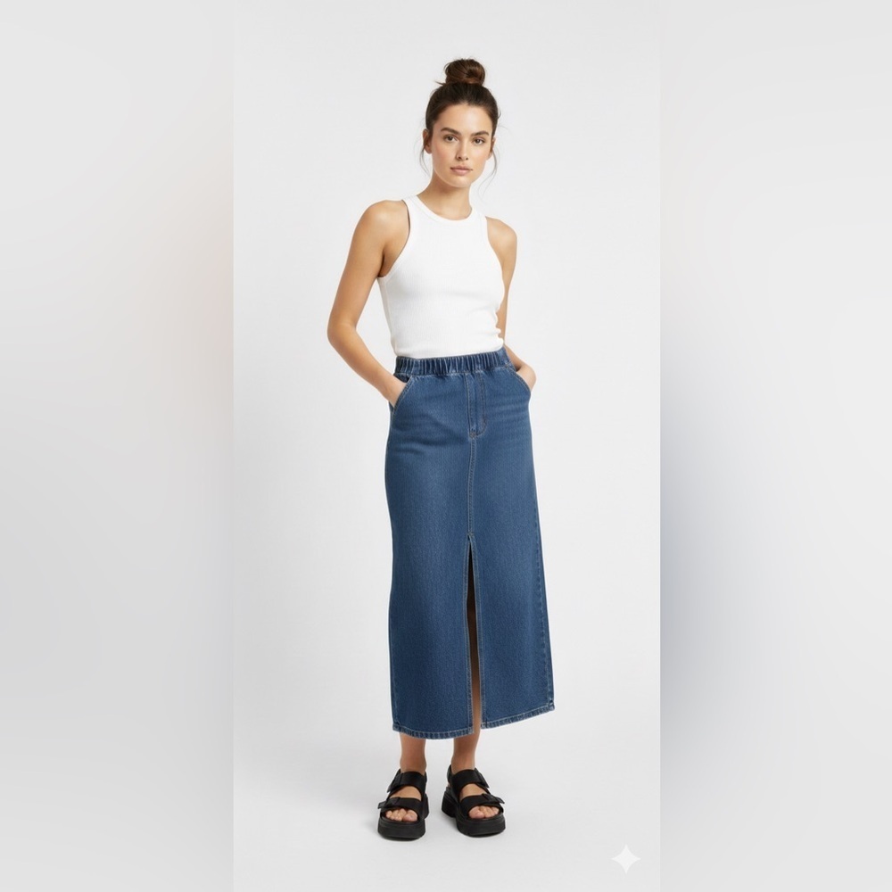 Belle Vere Y2K Blue Denim Maxi Skirt 90s Vintage Aesthetic Long Jean Skirt Sz S